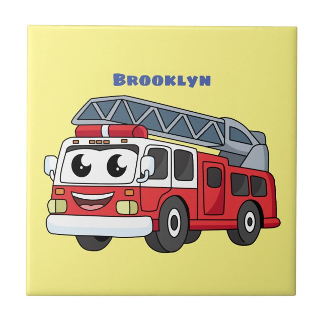 Cute happy fire engine cartoon ceramic tile (Front)