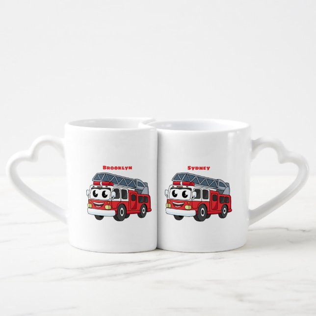 Cute happy fire engine cartoon  coffee mug set (Back Nesting)