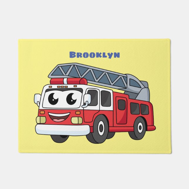 Cute happy fire engine cartoon doormat (Front)