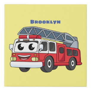 Cute happy fire engine cartoon faux canvas print