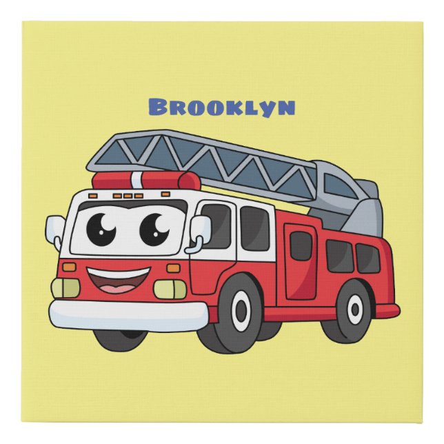 Cute happy fire engine cartoon faux canvas print (Front)