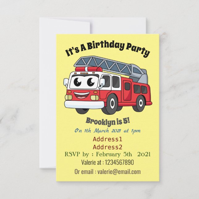 Cute happy fire engine cartoon invitation (Front)