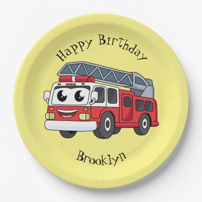 Cute happy fire engine cartoon paper plates (Front)