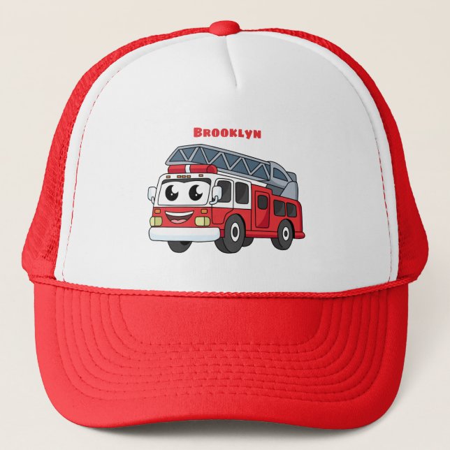 Cute happy fire engine cartoon trucker hat (Front)