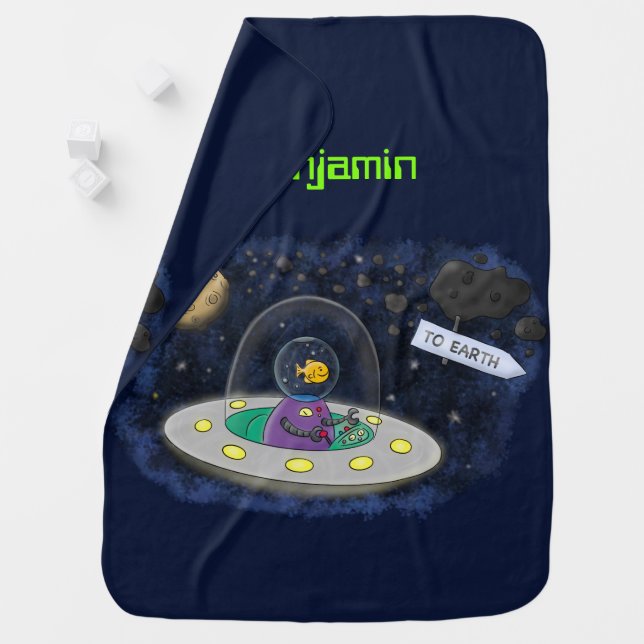 Cute happy fish ufo space cartoon illustration baby blanket (In Situ)