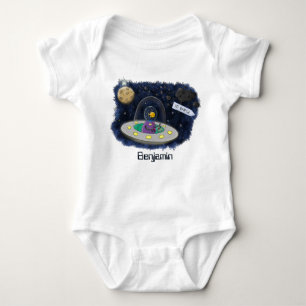 Cute happy fish ufo space cartoon illustration baby bodysuit