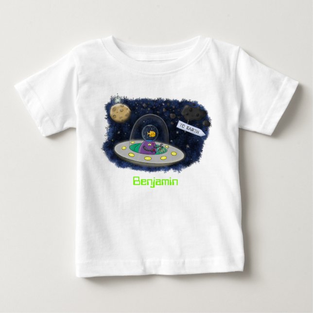 Cute happy fish ufo space cartoon illustration baby T-Shirt (Front)