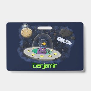 Cute happy fish ufo space cartoon illustration badge