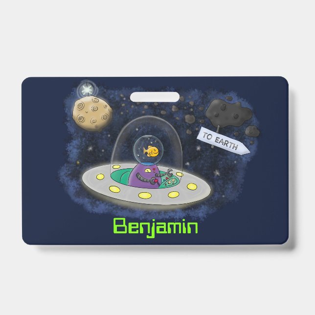 Cute happy fish ufo space cartoon illustration badge (Front)