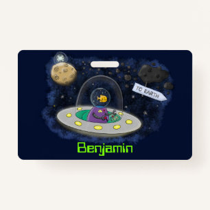 Cute happy fish ufo space cartoon illustration badge