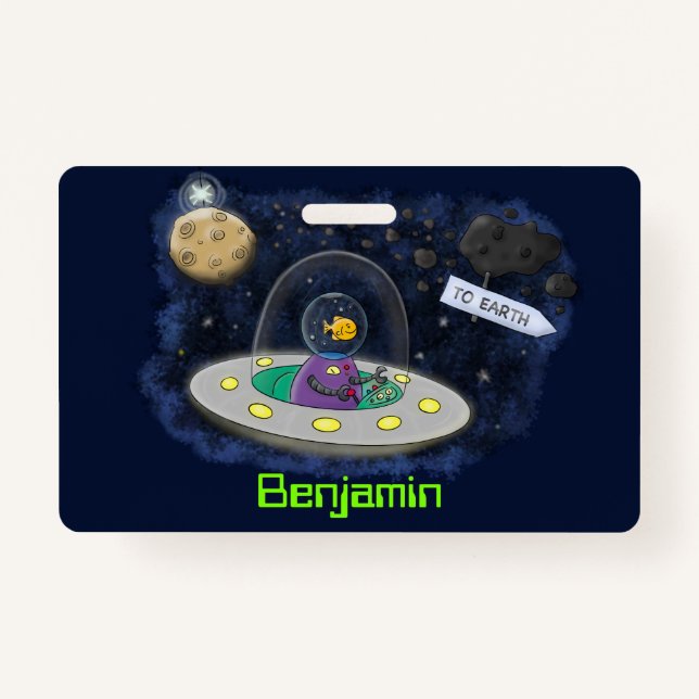 Cute happy fish ufo space cartoon illustration badge (Front)