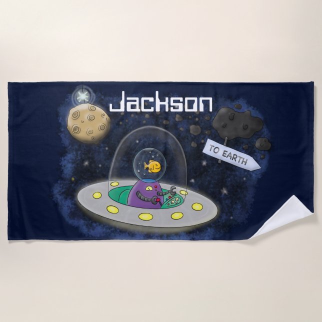 Cute happy fish ufo space cartoon illustration beach towel (Front)