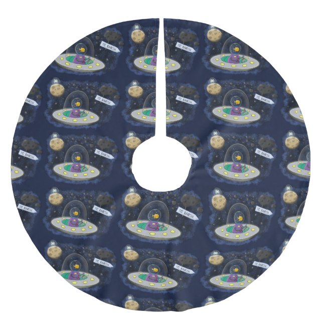 Cute happy fish ufo space cartoon illustration brushed polyester tree skirt (Front)
