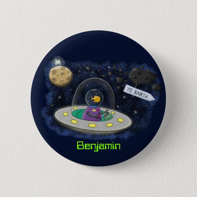 Cute happy fish ufo space cartoon illustration button (Front)