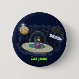 Cute happy fish ufo space cartoon illustration button
