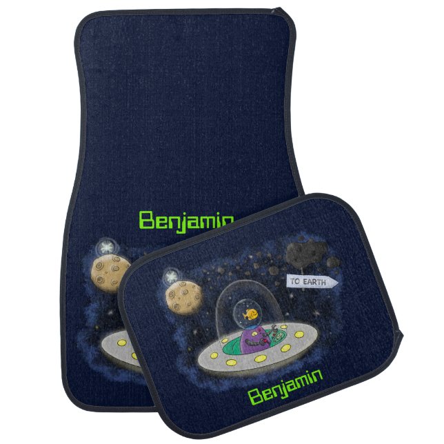 Cute happy fish ufo space cartoon illustration car floor mat (Set)