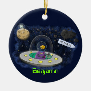 Cute happy fish ufo space cartoon illustration ceramic ornament