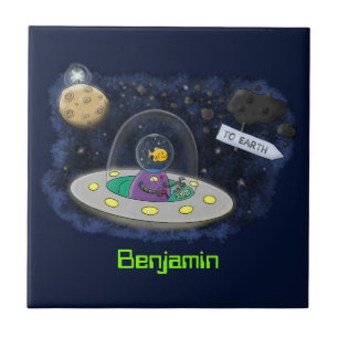 Cute happy fish ufo space cartoon illustration ceramic tile