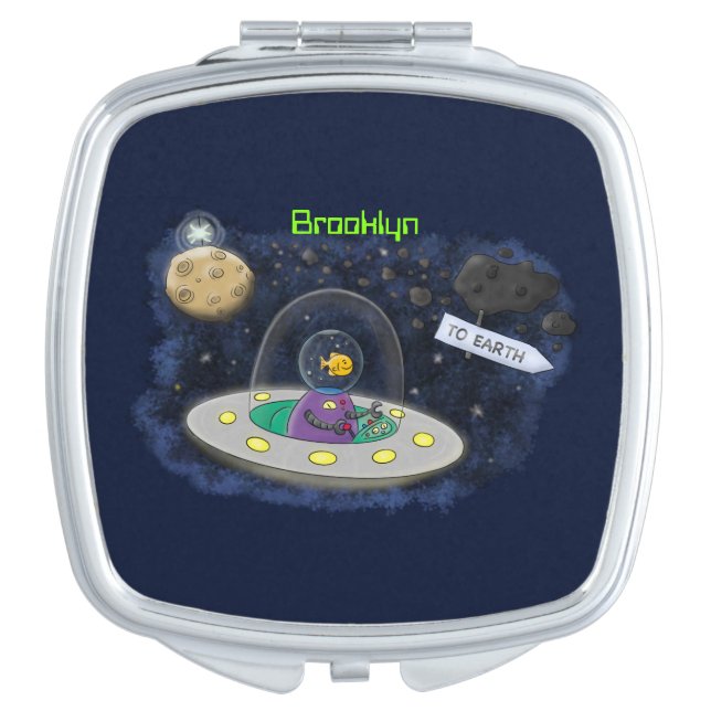 Cute happy fish ufo space cartoon illustration compact mirror (Front)