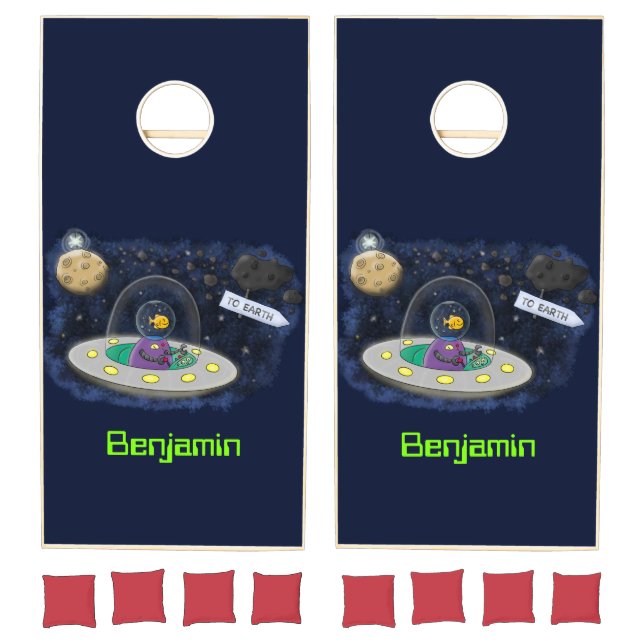 Cute happy fish ufo space cartoon illustration cornhole set (Set)
