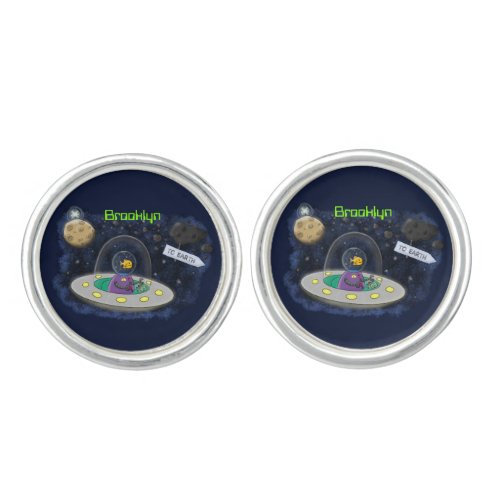 Cute happy fish ufo space cartoon illustration cufflinks