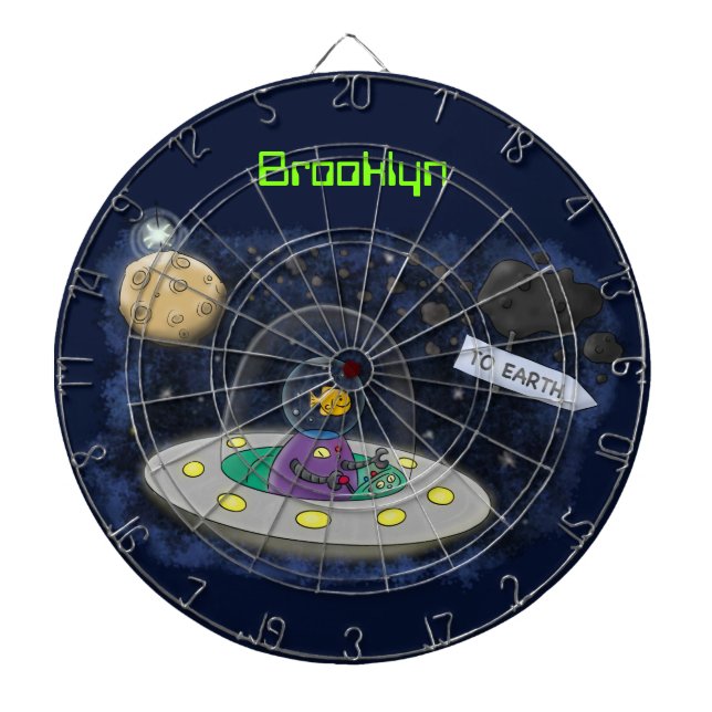 Cute happy fish ufo space cartoon illustration dart board (Front)