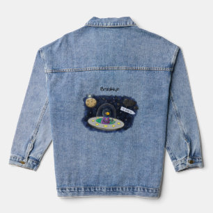 Cute happy fish ufo space cartoon illustration denim jacket
