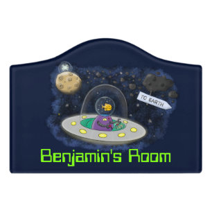 Cute happy fish ufo space cartoon illustration door sign