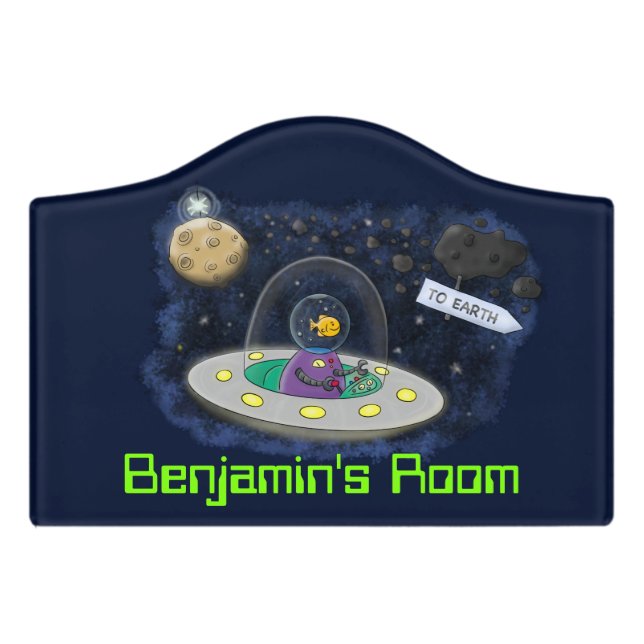 Cute happy fish ufo space cartoon illustration door sign (Small Crest Front)