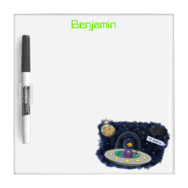 Cute happy fish ufo space cartoon illustration dry erase board (Front)