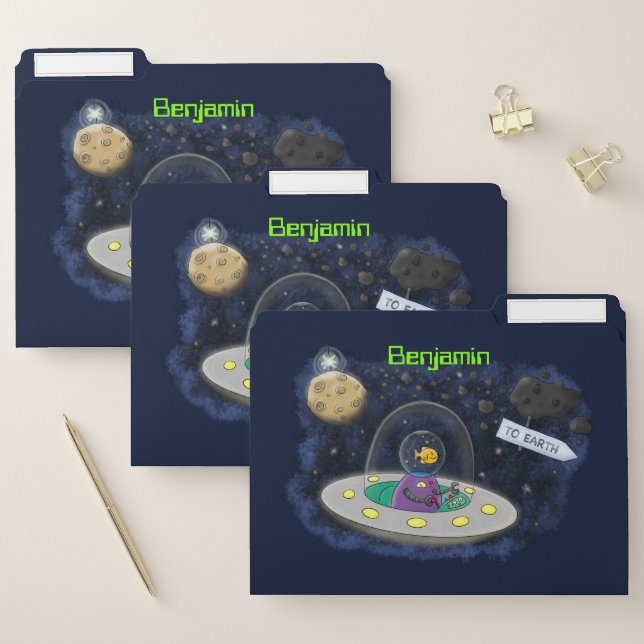 Cute happy fish ufo space cartoon illustration file folder (Set)