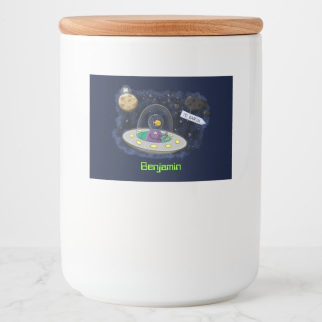 Cute happy fish ufo space cartoon illustration food label (Front)