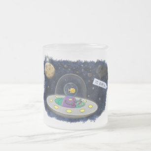 Cute happy fish ufo space cartoon illustration frosted glass coffee mug