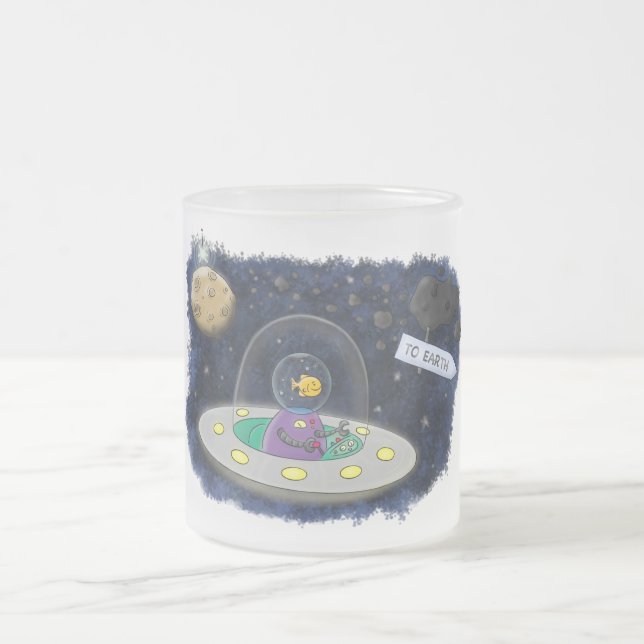 Cute happy fish ufo space cartoon illustration frosted glass coffee mug (Center)