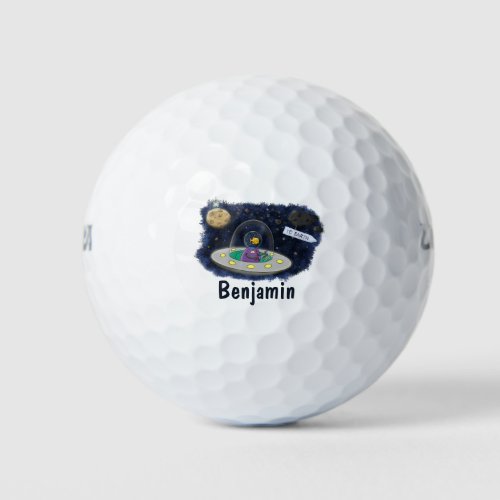 Cute happy fish ufo space cartoon illustration golf balls