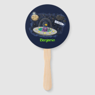 Cute happy fish ufo space cartoon illustration hand fan