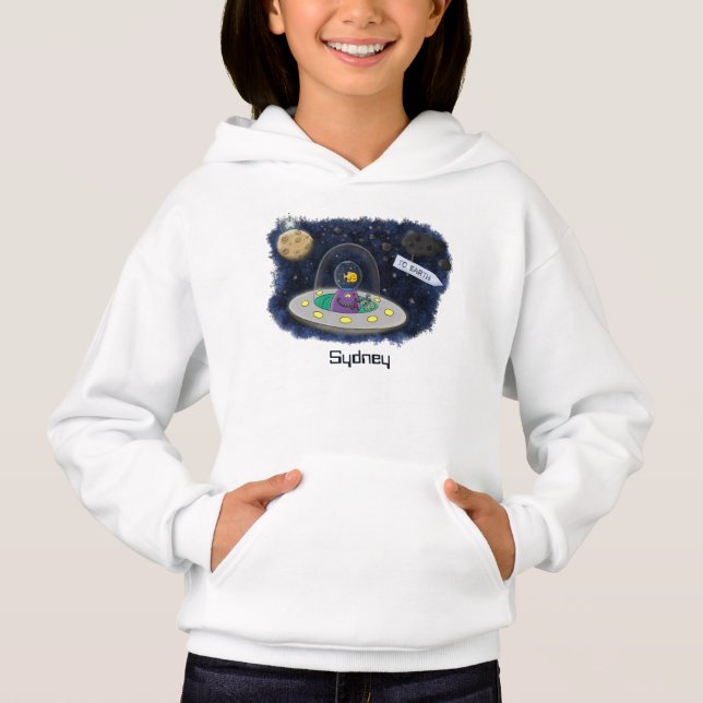 Cute happy fish ufo space cartoon illustration hoodie (Front)