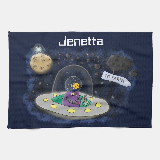 Cute happy fish ufo space cartoon illustration kitchen towel (Horizontal)