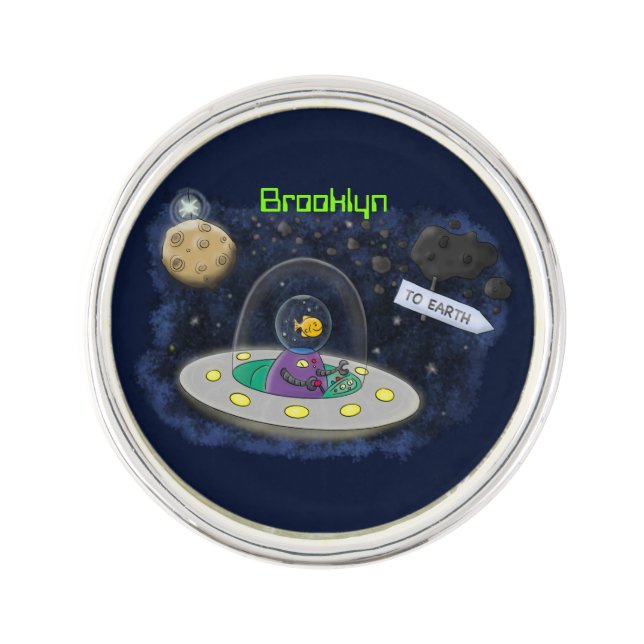 Cute happy fish ufo space cartoon illustration lapel pin (Front)