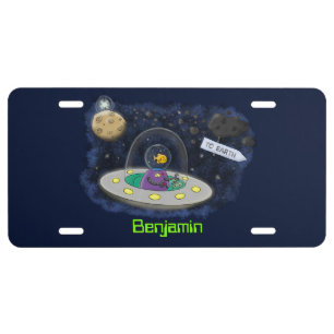 Cute happy fish ufo space cartoon illustration license plate