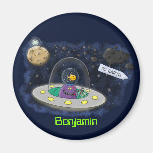 Cute happy fish ufo space cartoon illustration magnet