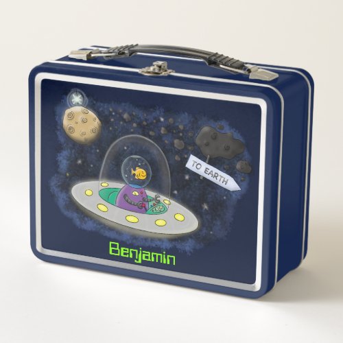 Cute happy fish ufo space cartoon illustration metal lunch box