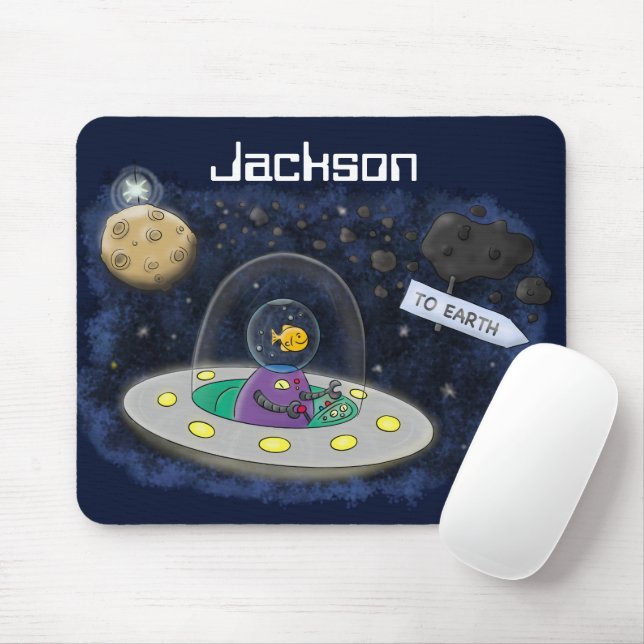 Cute happy fish ufo space cartoon illustration mouse pad (With Mouse)