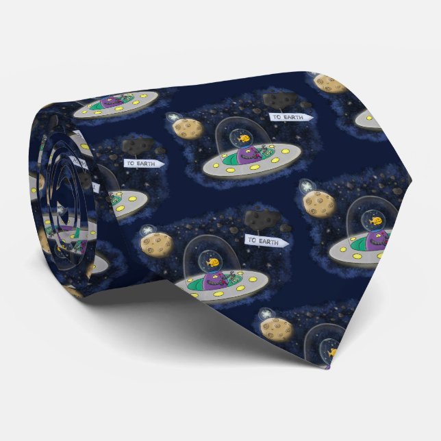 Cute happy fish ufo space cartoon illustration neck tie (Rolled)