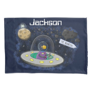 Cute happy fish ufo space cartoon illustration pillow case