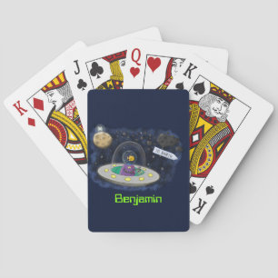 Cute happy fish ufo space cartoon illustration poker cards
