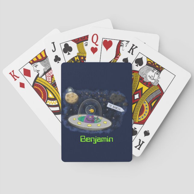 Cute happy fish ufo space cartoon illustration poker cards (Back)