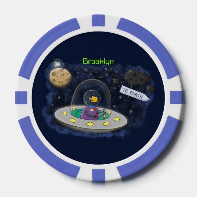 Cute happy fish ufo space cartoon illustration poker chips (Front)