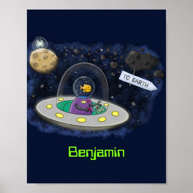 Cute happy fish ufo space cartoon illustration poster (Front)