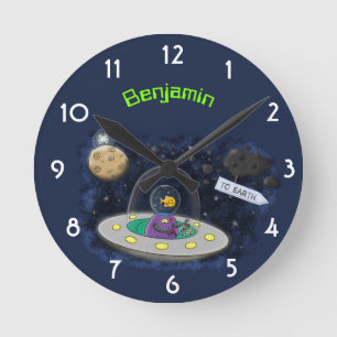 Cute happy fish ufo space cartoon illustration round clock
